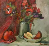 A still life of flowers in a jug with apples by Connie Simmers, oil on canvas board, sold Mar 2023
