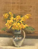 British, a still life of daffodils in a pottery jug by Howard Morgan, oil on canvas, sold Mar 2023