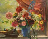 American, a still life of flowers and fruit by Frances Vandeveer Kughler, oil on canvas, sold Mar 2023