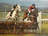 Dawn Run with Jonjo O'Neil up leading Desert Orchid in the Championship Hurdles at Cheltenham in 1984 by Graham Isom, oil on canvas, sold Mar 2023