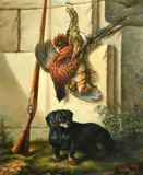 German School, a proud Dachshund standing beneath the day's bag by Ernst Dreffer, oil on canvas, sold Mar 2023