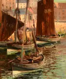 British, traditional fishing boats in Berwick on Tweed by H.L. Robinson, oil on canvas, offered Mar 2023