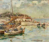 Scottish, A coastal scene with boats and figures beyond by Gertrude Mary Coventry, oil on canvas, offered Mar 2023