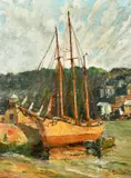 American, A tall ship tethered to a harbour wall by George Turland, oil on board, sold Mar 2023