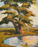 A study of a tree by a pond in a summer landscape by Karel de Reymaecker, oil on panel, offered Mar 2023