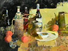 Ukraine, still life study of bottles and oranges by Sergey Kovalenko, oil on canvas, offered Mar 2023