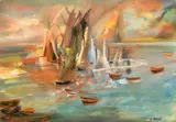 Egypt, a study of sailboats on a river by Dora Khayatt, 1950, oil on canvas, offered Mar 2023