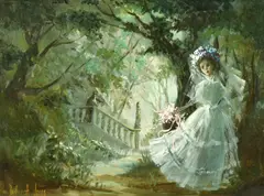British, A young bride on a moonlit woodland trail by Deborah Jones, oil on board, sold Mar 2023