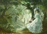 British, A young bride on a moonlit woodland trail by Deborah Jones, oil on board, sold Mar 2023