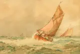 British, traditional boats in heavy seas by Frederick James Aldridge, watercolour, offered Mar 2023