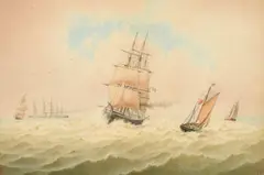 British, sailboats in open water with a steam clipper on the horizon by William Frederick Settle, watercolour, offered Mar 2023