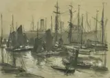 Uruguay, a view of moored boats, charcoal and chalk by Carlos Grethe, charcoal and chalk, sold Mar 2023