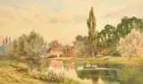 British, swans on a river with a distant cottage by Albert Stevens, watercolour, sold Mar 2023