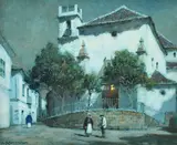 British, figures outside a church in San Roque by Albert Moulton Foweraker, watercolour, sold Mar 2023