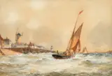 British, sailboats passing a headland by Robert Malcolm Lloyd, 1895, watercolour, sold Mar 2023