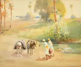 British, figures and donkeys by water with dwellings beyond by Frank Dean, watercolour, sold Mar 2023