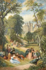 British, elegant figures gathered in the grounds of a country house by David Cox Junior, watercolour, sold Mar 2023