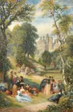 British, elegant figures gathered in the grounds of a country house by David Cox Junior, watercolour, sold Mar 2023