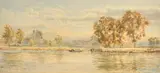 British, figures on punt with a church beyond by Samuel Philips Jackson, watercolour, sold Mar 2023