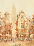 A view of Strasbourg, figures in a busy street by Henry Thomas Schaefer, watercolour, sold Mar 2023