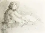 Male nude seated, charcoal, with Roger Bliss studio collection stamp, 21.75" x 30.75 by Roger Bliss, charcoal, offered Mar 2023