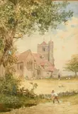 Scottish, A figure scything hay, a church beyond by William Bell Scott, watercolour, sold Mar 2023