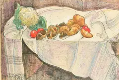 A tabletop still life study of mushrooms and vegetables by William de Belleroche, mixed media, sold Mar 2023