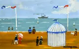 British, Figures on a French beach and a white tent edged with blue, a paddle steamer out to sea by Margaret Chapman, oil on board, sold Feb 2023