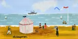 British, Figures on a French beach with figures, children paddling and a pink and white stripped tent and a paddle steamer out to sea by Margaret Chapman, oil on board, offered Feb 2023