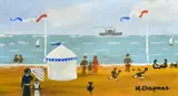 British, Figures on a French beach with figures, children paddling and playing games and white tent edged with blue and a paddle steamer out to sea by Margaret Chapman, oil on board, sold Feb 2023