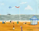 British, Figures on a French beach and a paddle steamer ship beyond by Margaret Chapman, oil on board, offered Feb 2023