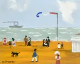 British, Figures and dogs on a French beach with a paddle steamer ship beyond by Magargaret Chapman, oil on board, offered Feb 2023