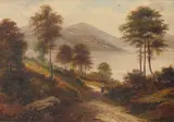 British, A landscape view of a figure on a path leading down to a lake with a boat on the water and mountains beyond by G Willis Pryce, oil on canvas, sold Feb 2023