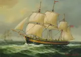 A Man-of-War at sail off the coast and a Clipper out to sea, oils on panel, both signed and both 5" x 7.5 by James Hardy, oil, sold Feb 2023