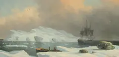 A tall ship at anchor between icebergs and a small two-man rowing boat mooring at the edge of the ice by James Hardy, oil on board, sold Feb 2023