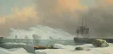 A tall ship at anchor between icebergs and a small two-man rowing boat mooring at the edge of the ice by James Hardy, oil on board, sold Feb 2023