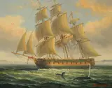 A Clipper in full sail off the coast with a whale surfacing for air by James Hardy, oil on panel, sold Feb 2023