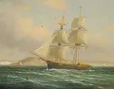 A two mast Clipper with other shipping off the coast by James Hardy, oil on panel, sold Feb 2023