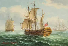 A Man-of-War and a tall ship out to sea, oils on canvas not stretched, both signed, 5.5" x 7.5 by James Hardy, oil, sold Feb 2023