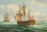 A Man-of-War and a tall ship out to sea, oils on canvas not stretched, both signed, 5.5" x 7.5 by James Hardy, oil, sold Feb 2023