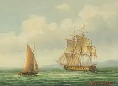 A Man-of-War and a sailing boat, oils on canvas not stretched, both signed, 5.5" x 7.5 by James Hardy, oil, sold Feb 2023
