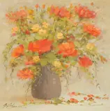 A still life of red and yellow roses in a brown vase by G. Spence, oil, offered Feb 2023