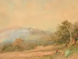 A landscape with figures walking towards a dwelling by Albert Pollitt, watercolour, sold Feb 2023