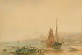 A view of the Welsh coast with boats and figures on the shore by Albert Pollitt, watercolour, sold Feb 2023