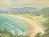 An extensive beach scene with mountains beyond by C.G Cummings, 1986, pastel, offered Feb 2023