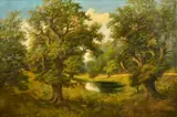 An extensive parkland setting with oak trees and deer by a pond by J. Lewis, oil on canvas, sold Feb 2023