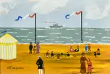 British, Figures on a French beach near a yellow stripped tent, children playing and a steamer ship beyond by Margaret Chapman, oil on board, offered Feb 2023