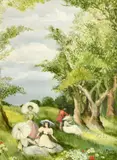 British, a scene of elegant figures in parkland by James Arthur Morris, oil on board, sold Feb 2023