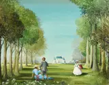 British, elegant figures in a formal garden with a chateau beyond by James Arthur Morris, oil on board, offered Feb 2023