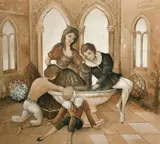 British, a family group around a fountain in a courtyard by James Arthur Morris, mixed media, offered Feb 2023